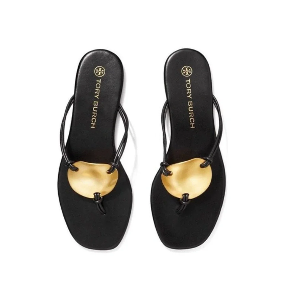 NEW TORY BURCH Patos Leather Disc Flat Thong Sandals In Black - Women's Size 6